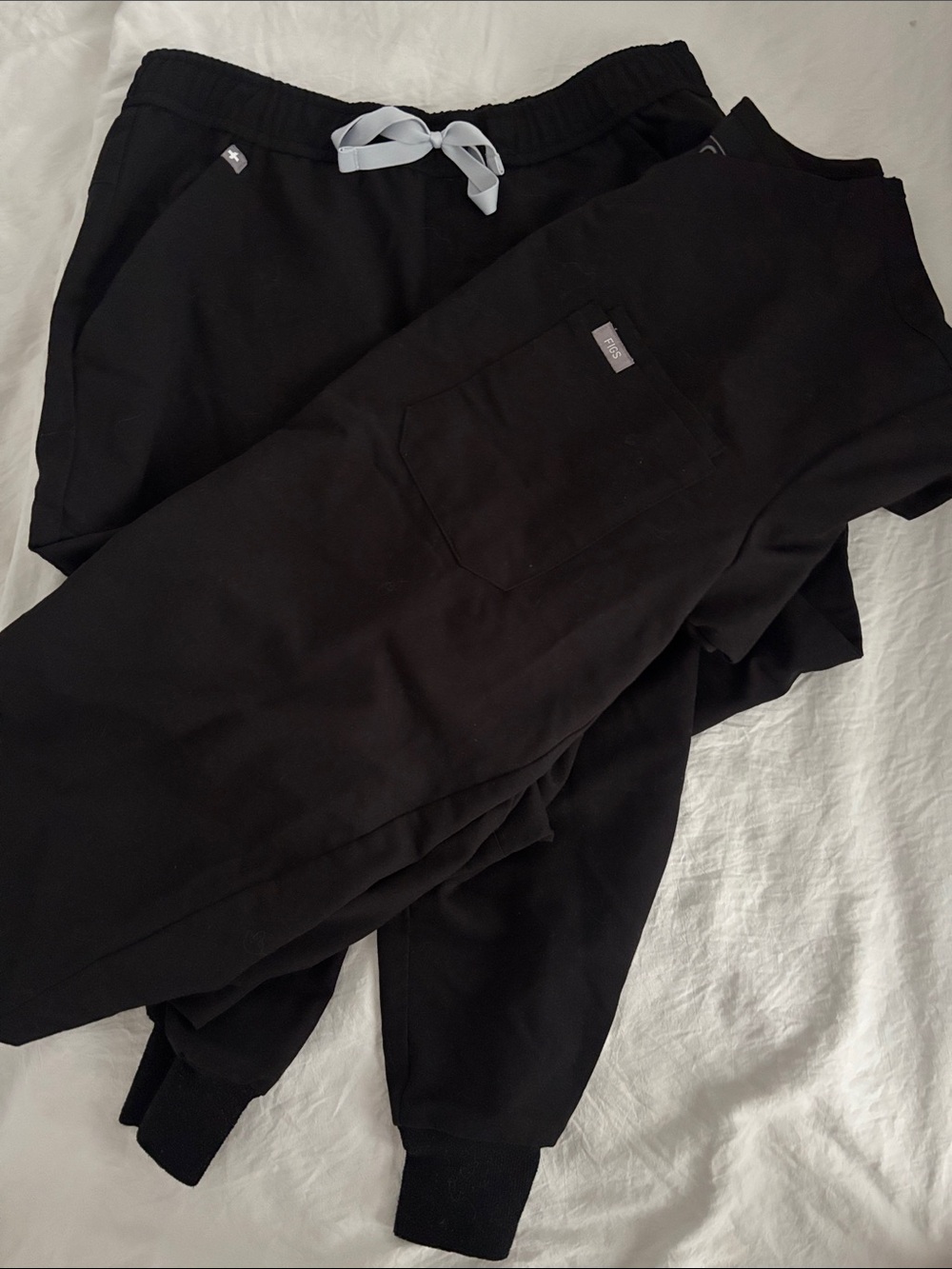 Figs Men’s Black Scrub Set Small.Jogger Pant and V Neck Top with Gray Drawstring